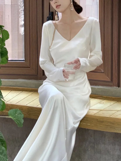 Vestidos largos de satén de otoño para mujer, vestido de fiesta de noche para boda, vestido de graduación, vestido de sirena de una pieza con cuello en V y mangas largas