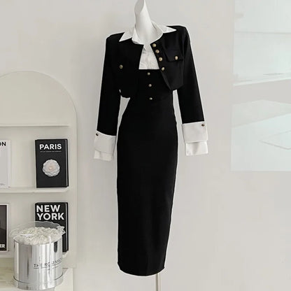 Conjunto de 3 piezas Y2K para mujer, abrigo corto, blazer, camisa blanca, cuello halter, sin mangas, vestido midi ajustado, nuevos conjuntos coreanos elegantes de otoño para mujer
