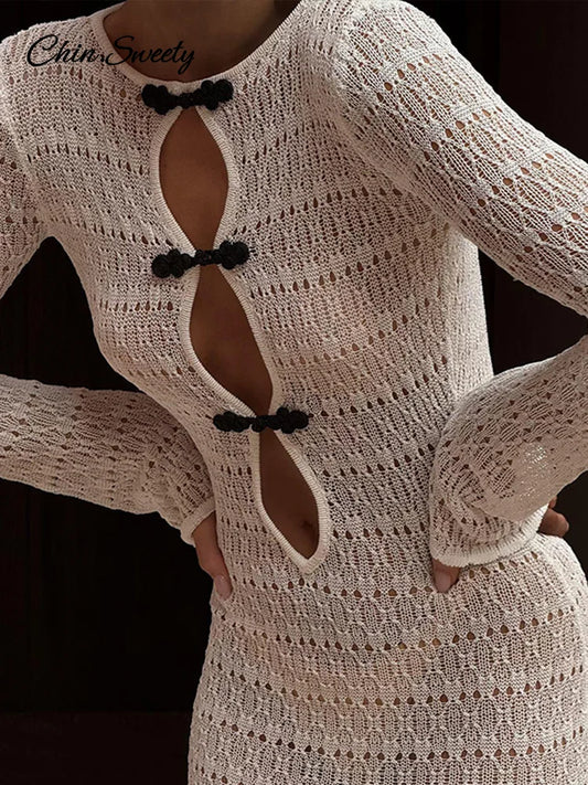 Vestido maxi sexy de punto calado para mujer, manga larga, cuello redondo, blanco y negro, vestidos de fiesta para mujer, verano 2025, batas ajustadas para mujer