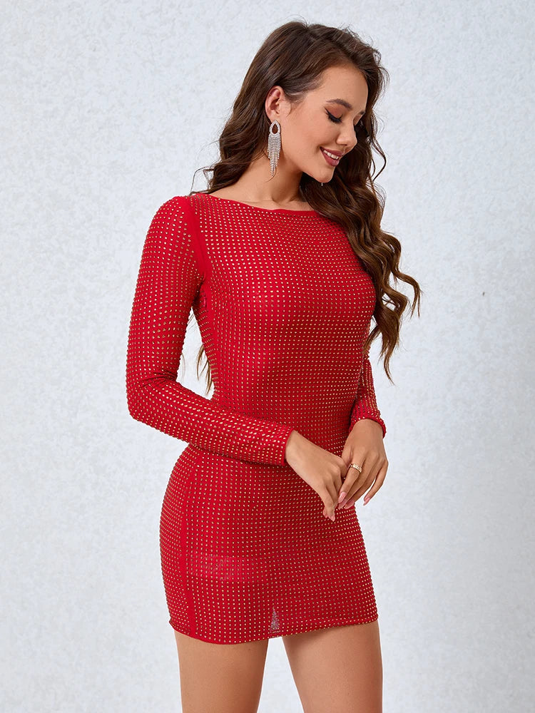Althea Long Sleeve Mini Dress with Cowl Back Mesh and Rhinestones
