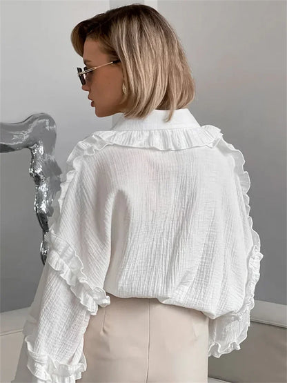 Camisas blancas holgadas con volantes para mujer, manga larga, elegantes, a la moda, otoño, lisas, informales, prendas de vestir exteriores, camisas para mujer, abrigos, novedad de verano