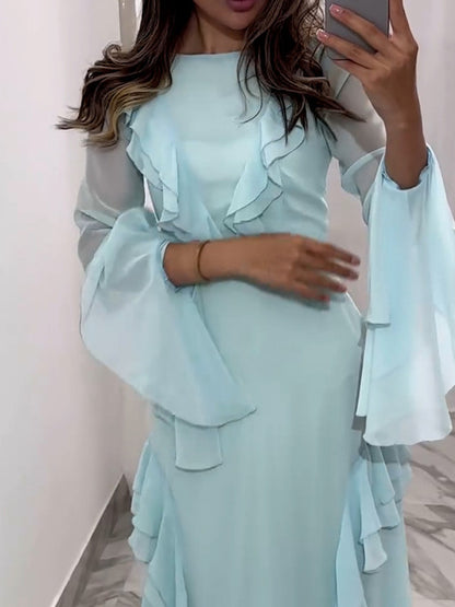 Artcat - Vestido elegante de manga larga con volantes, ajustado, para mujer, otoño 2025, nuevo, de malla, con aberturas, para noche, fiesta, club, ajustado