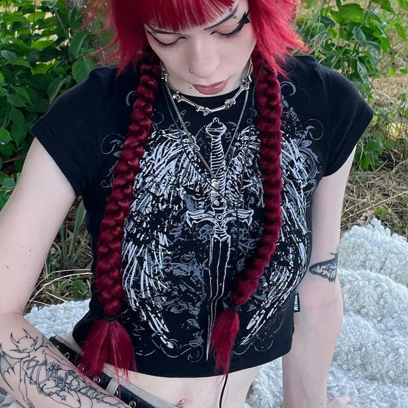 Camiseta con estampado Harajuku de los 90, top ajustado de manga corta, ropa urbana Y2K para mujer, top con ombligo expuesto