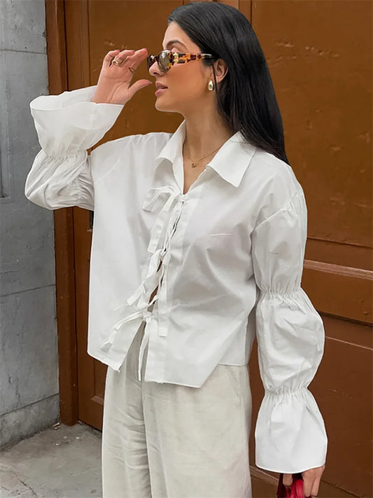 Chiffon Lace-Up Hollow Out Shirts Women’s Lapel Patchwork Bandage Long Sleeve Fashion Blouse Top Female White Outwear