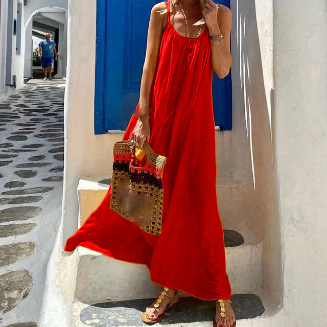 Vestidos bohemios de tirantes finos de color liso para mujer, sueltos, sexis, sin espalda, para vacaciones en la playa, vestidos largos casuales de moda para mujer
