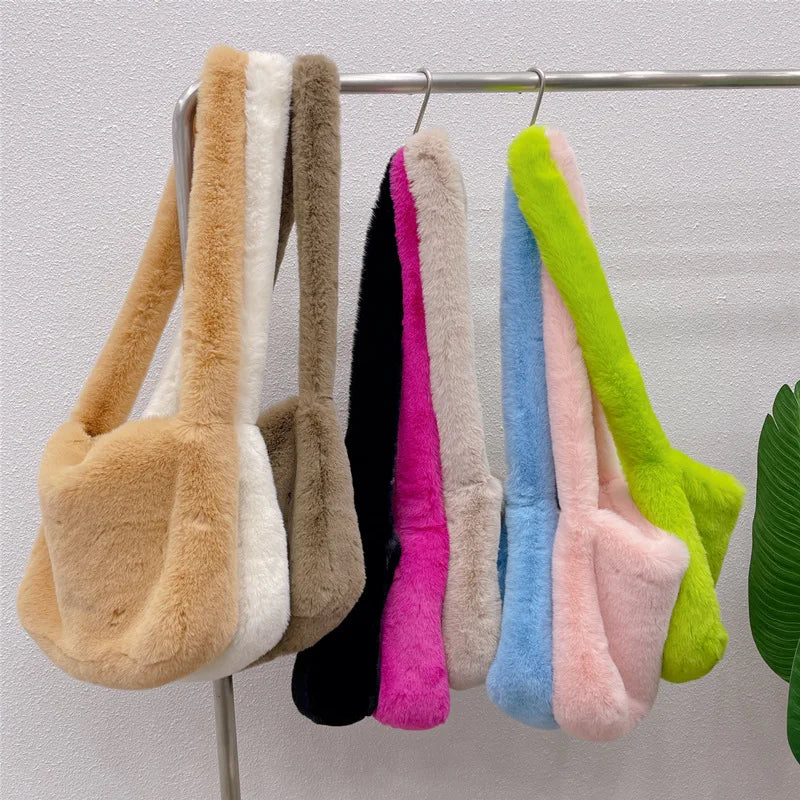 Bolso bandolera de felpa rosa caramelo para mujer, estilo Harajuku de invierno, estilo años 2000, estilo urbano, de piel sintética de conejo.