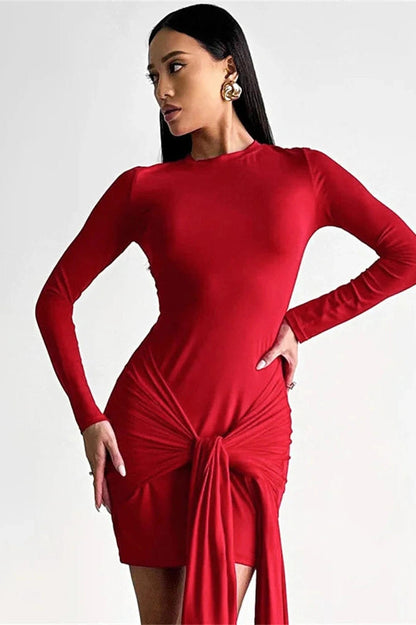 Pleated A-Line Mini Dress with Slim Fit and Long Sleeves