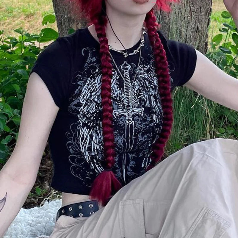 Camiseta con estampado Harajuku de los 90, top ajustado de manga corta, ropa urbana Y2K para mujer, top con ombligo expuesto