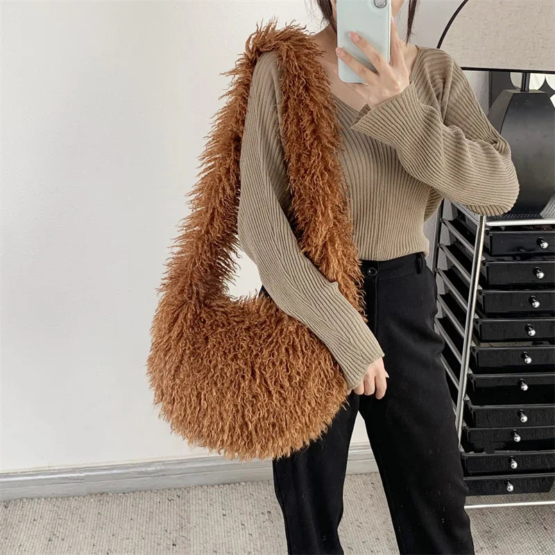 Bolso de hombro con pelo en forma de corazón estilo Harajuku para mujer, bandolera de piel sintética estilo punk Y2K, de gran tamaño