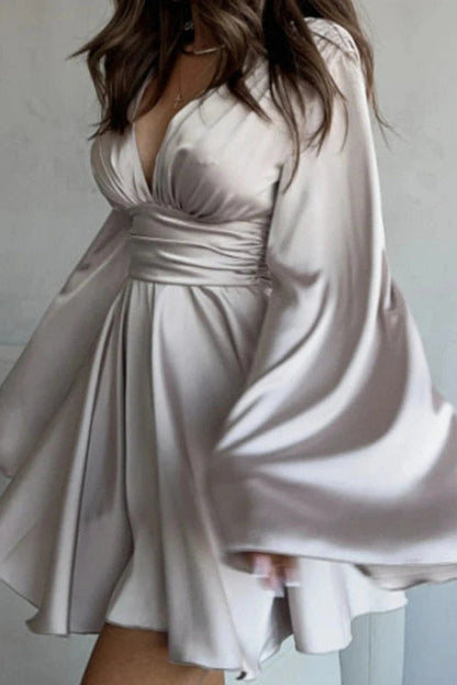 Deep V Neck High Waist Flare Sleeve Mini Dress