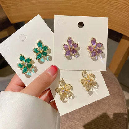 Purple Green Crystal Flower Dangle Earrings for Women Gold Metal Petals 2023