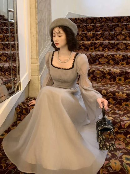 Vestidos midi de princesa de otoño para mujer, cuello cuadrado, manga acampanada, vestido de fiesta de cintura estrecha, vestidos coreanos de una pieza, nuevos