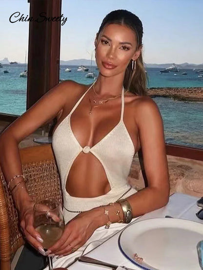 Vestido largo de punto con cuello halter para mujer, sin espalda, con cordones, escote en V, corte ajustado, para vacaciones de verano 2025, nuevo