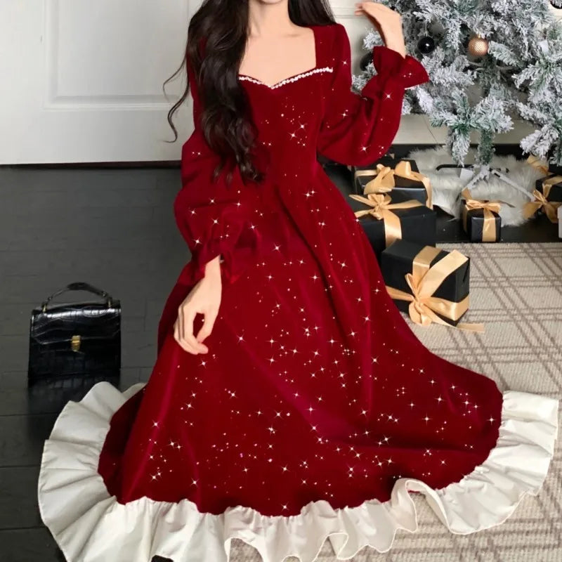 Vestidos midi de terciopelo brillante de otoño para mujer, manga larga, cuello cuadrado, volantes extragrandes, patchwork, vestido de fiesta de Navidad.