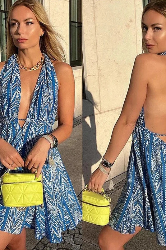 Deep V-Neck Backless A-Line Mini Dress