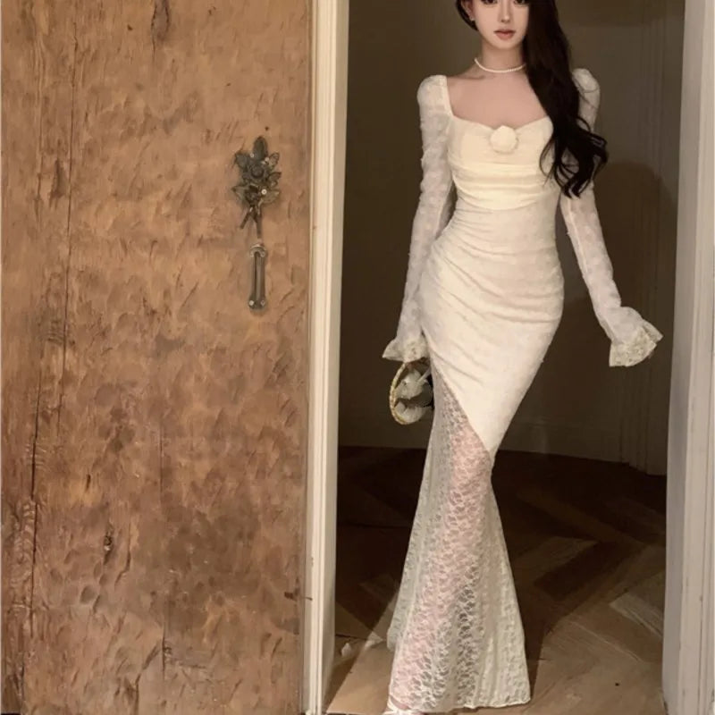 Vestidos largos de encaje sexys de otoño para mujer, vestidos de cola de pez con hombros descubiertos, vestido ajustado de sirena para fiesta de cumpleaños y graduación, vestidos para mujer