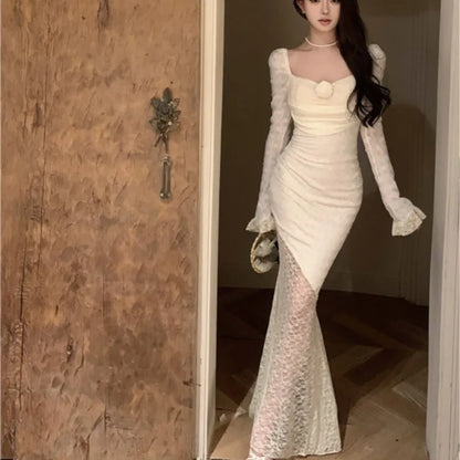 Vestidos largos de encaje sexys de otoño para mujer, vestidos de cola de pez con hombros descubiertos, vestido ajustado de sirena para fiesta de cumpleaños y graduación, vestidos para mujer