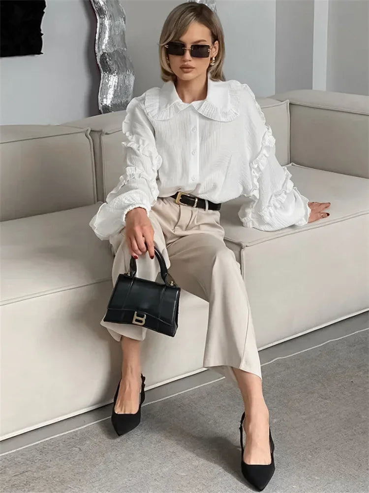 Camisas blancas holgadas con volantes para mujer, manga larga, elegantes, a la moda, otoño, lisas, informales, prendas de vestir exteriores, camisas para mujer, abrigos, novedad de verano