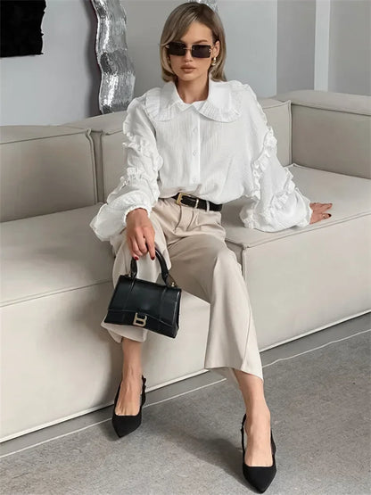 Camisas blancas holgadas con volantes para mujer, manga larga, elegantes, a la moda, otoño, lisas, informales, prendas de vestir exteriores, camisas para mujer, abrigos, novedad de verano