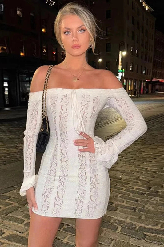 Off Shoulder Lace Flare Sleeve Mini Dress