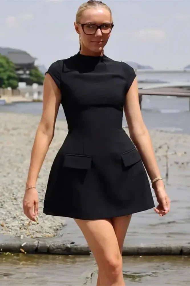 Sleeveless High Waist Patchwork Mini Dress with Pocket