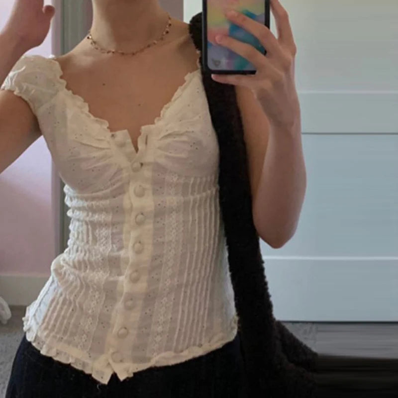 Camiseta floral vintage francesa de los años 90 con diseño de hadas grunge kawaii, botones con volantes y cuello en V, para mujer, estética Y2K, top corto blanco retro