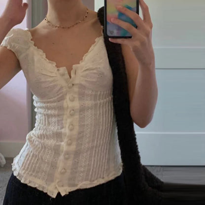 Camiseta floral vintage francesa de los años 90 con diseño de hadas grunge kawaii, botones con volantes y cuello en V, para mujer, estética Y2K, top corto blanco retro