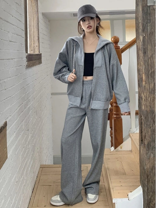 Y2K Casual Two-piece Set Solid Tracksuit Stand Collar Long Sleeve Zip-up Sweatshirt Long Pants Korean Fashion Autumn New Outfits