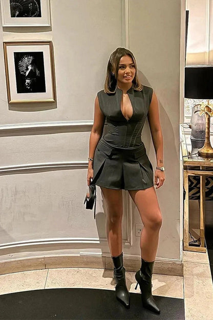 V-Neck Sleeveless Mini Dress with High Waist