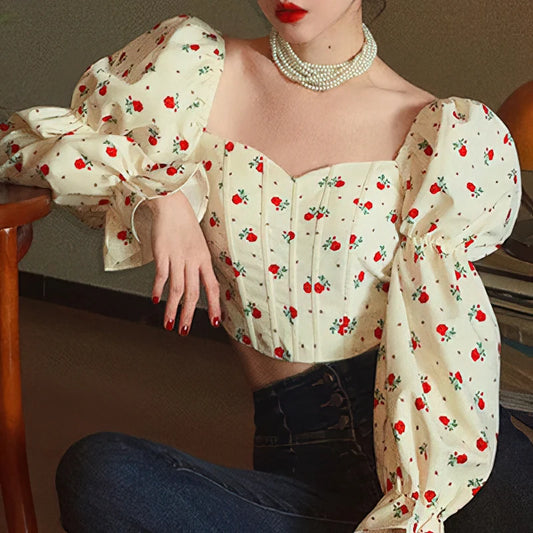 Youth Elegant Rose Floral Long sleeve Crop Blouse Top Women Korean Puff sleeve Off shoulder Shirt  New