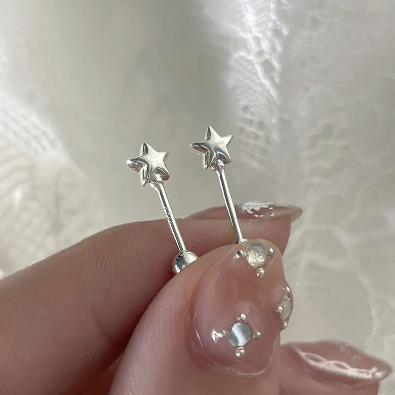 Korean Silver Color Piercing Screw Beads Star Heart Ear Bone Stud Earrings for Women Girls Simple Body Jewelry Gift
