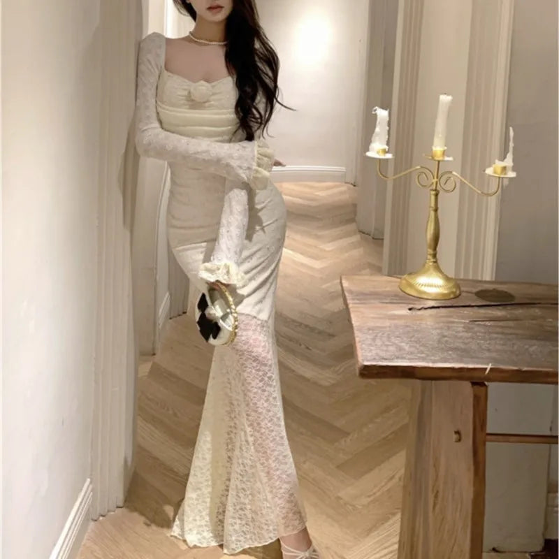 Vestidos largos de encaje sexys de otoño para mujer, vestidos de cola de pez con hombros descubiertos, vestido ajustado de sirena para fiesta de cumpleaños y graduación, vestidos para mujer