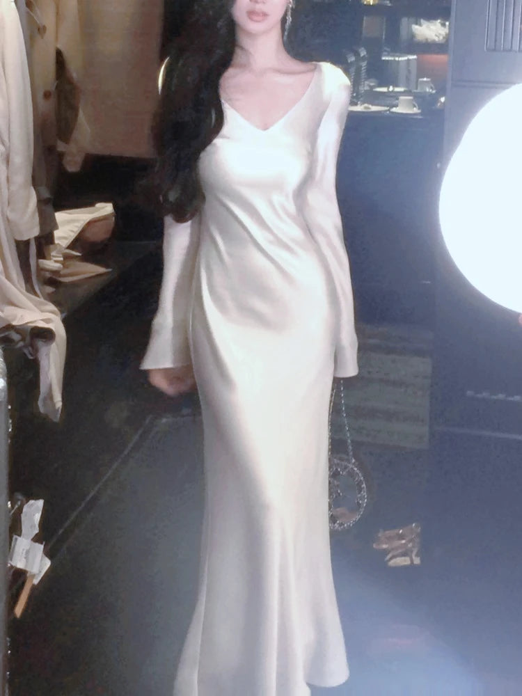 Vestidos largos de satén de otoño para mujer, vestido de fiesta de noche para boda, vestido de graduación, vestido de sirena de una pieza con cuello en V y mangas largas