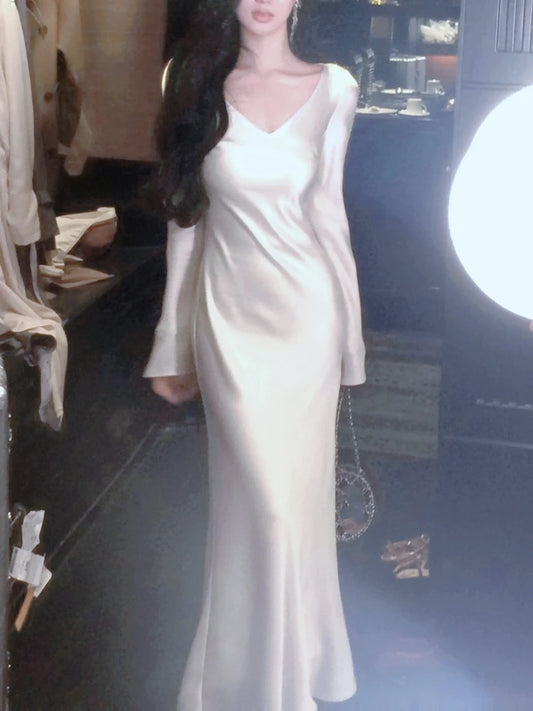 Vestidos largos de satén de otoño para mujer, vestido de fiesta de noche para boda, vestido de graduación, vestido de sirena de una pieza con cuello en V y mangas largas