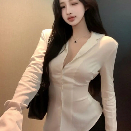 Backless Lace Youthful Fashion Black Long Sleeve Shirt Women V Neck Patchwork Elegant Basic Blouse Lady Office Casual White Top