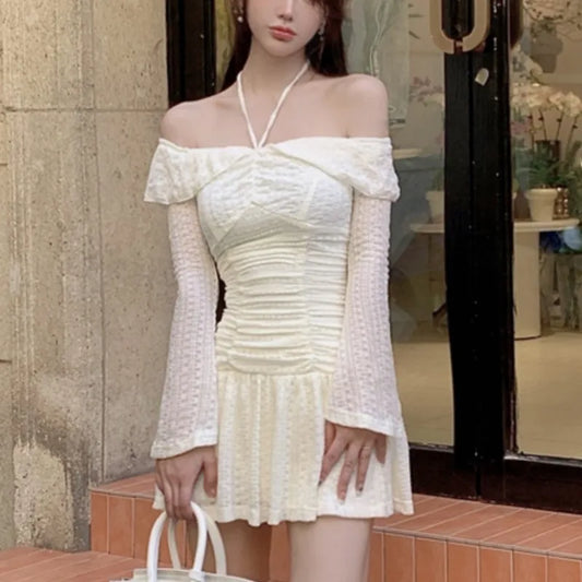 Vestidos cortos elegantes de otoño Y2K para mujer, cuello alto, mangas acampanadas, cordones, corte en A, cintura estrecha, moda coreana, minivestidos