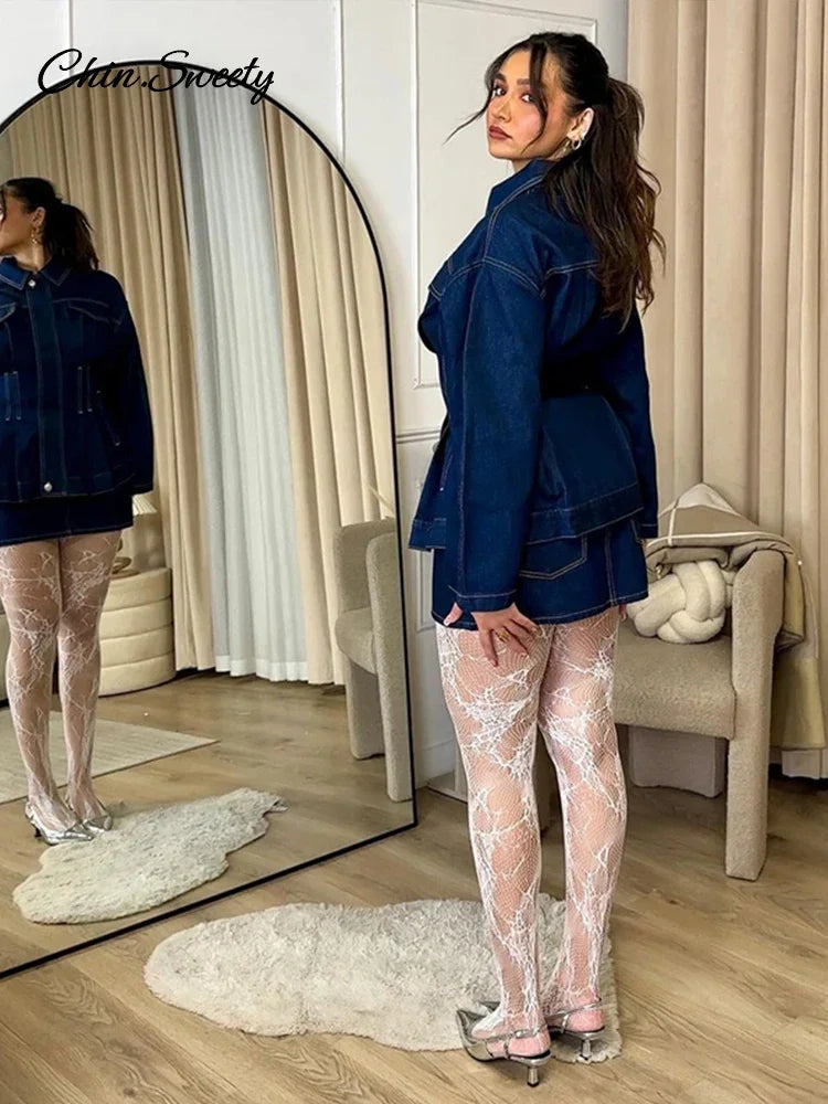 Street Women’s Denim Jacket Lapel Full Sleeves Zipper Dark Blue Cinched Waist Jeans Coats Female 2025 Spring Lady Y2K Outwear