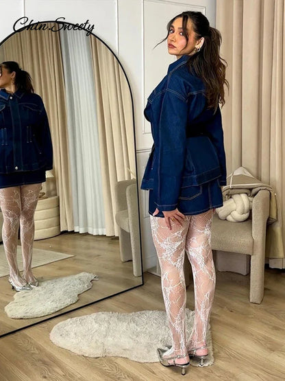 Street Women’s Denim Jacket Lapel Full Sleeves Zipper Dark Blue Cinched Waist Jeans Coats Female 2025 Spring Lady Y2K Outwear