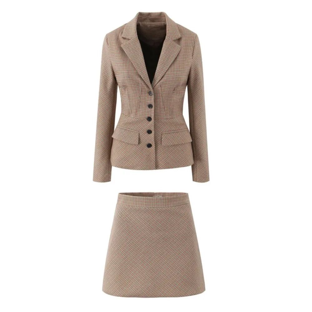 Conjunto de 2 piezas para mujer, blazer a cuadros de pata de gallo con cuello de piel sintética extraíble y cintura ajustada con varillas + minifalda de cintura alta tipo A.