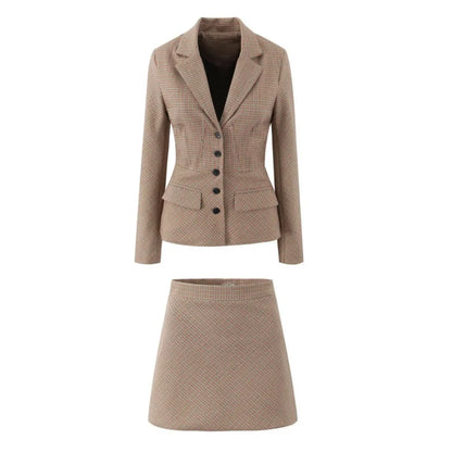 Conjunto de 2 piezas para mujer, blazer a cuadros de pata de gallo con cuello de piel sintética extraíble y cintura ajustada con varillas + minifalda de cintura alta tipo A.