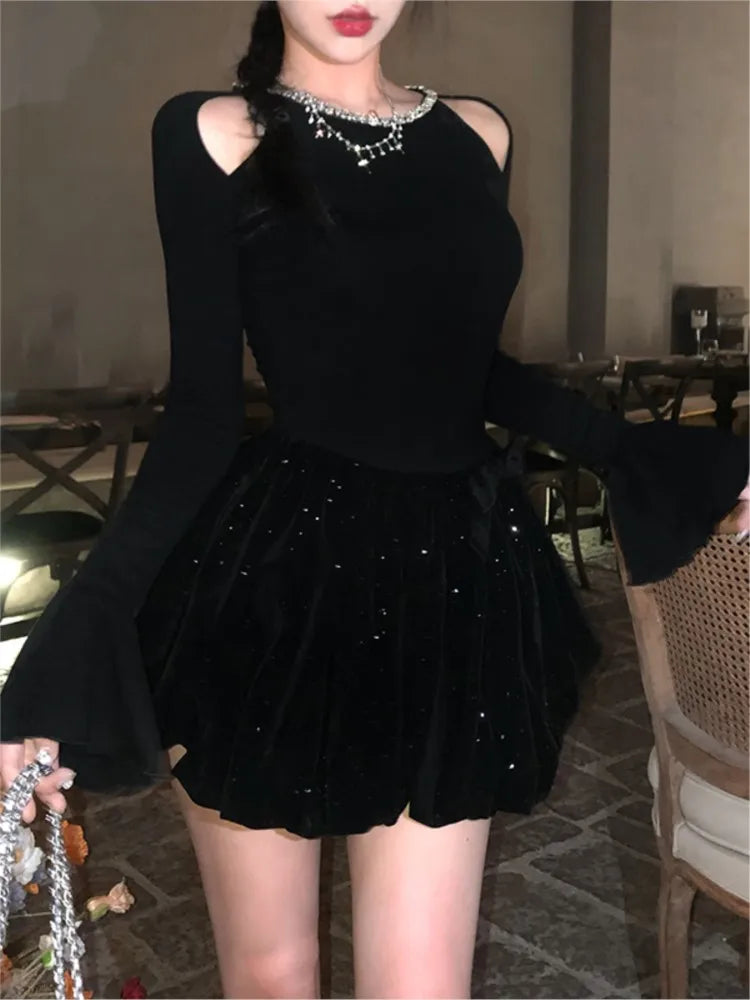 Vestidos negros de punto para otoño e invierno para mujer, de manga larga, cintura alta, corte A, para fiesta de cumpleaños, minivestidos, ropa femenina