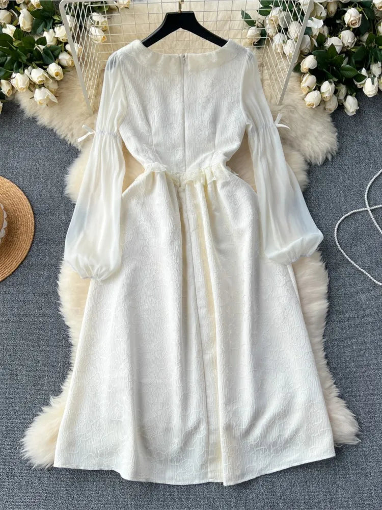 Vestido elegante de otoño para mujer, estilo princesa, para fiesta de boda, estilo coreano, jacquard, hada, vintage, con cordones y mangas acampanadas