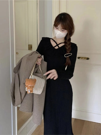 Vestidos de punto de otoño para mujer, con volantes, cuello en V, ajustados, informales, midi, moda coreana, nuevos tejidos