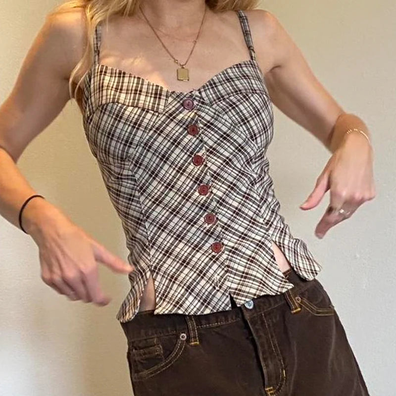 Chaleco a cuadros Y2K para mujer, estilo retro, con botones y abertura en el bajo, camisola estética chic, moda sin mangas, conjuntos de verano 2025