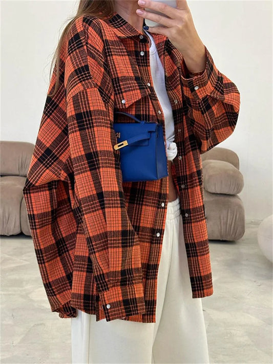 Casual Vintage For Women Shirts Outwear Lapel Fashion Loose Patchwork Streetwear Long Sleeve Striped Female Cardigan Coat