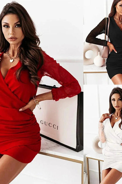 Lace Long Sleeve Bodycon Mini Dress with Deep V-Neck