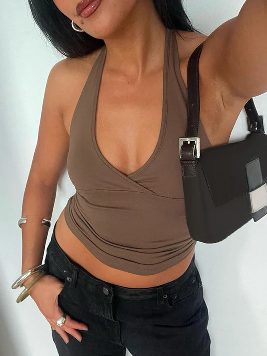 Top corto con cuello en V y lazo cruzado para mujer, liso, básico, informal, ajustado, sin espalda, sexy, sin mangas