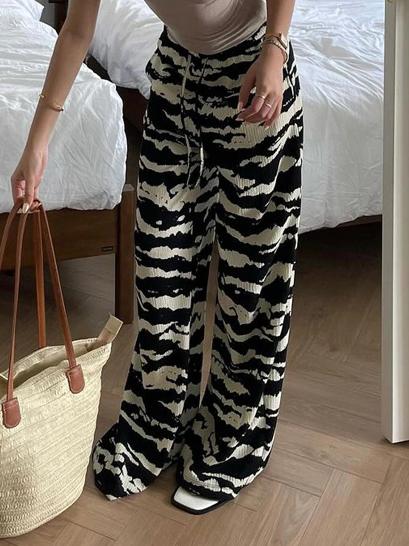 Zebra Stripe Knitted Straight Pants Women Drawstring Elastic Waist Casual Loose Baggy Trousers Boho Vacation Outfits