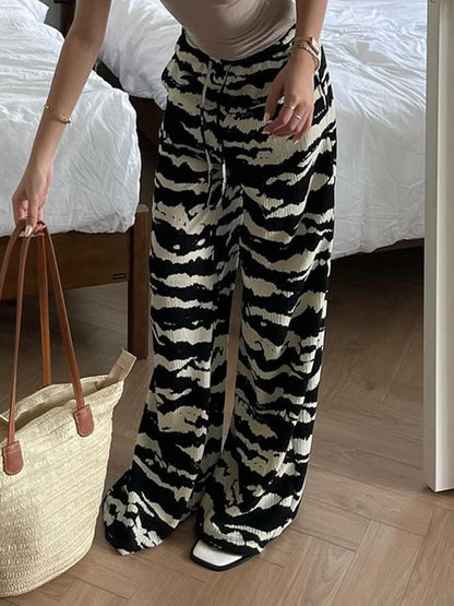 Zebra Stripe Knitted Straight Pants Women Drawstring Elastic Waist Casual Loose Baggy Trousers Boho Vacation Outfits