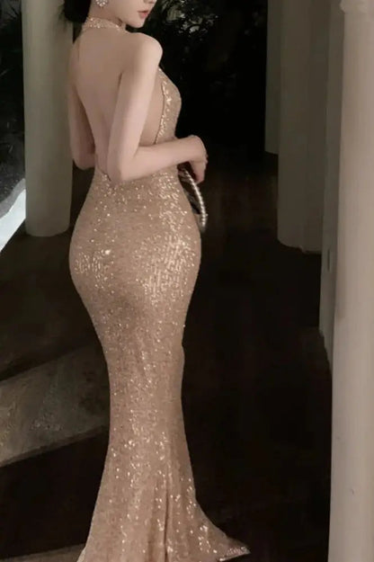 Sequined Maxi Dress with Swinging Collar